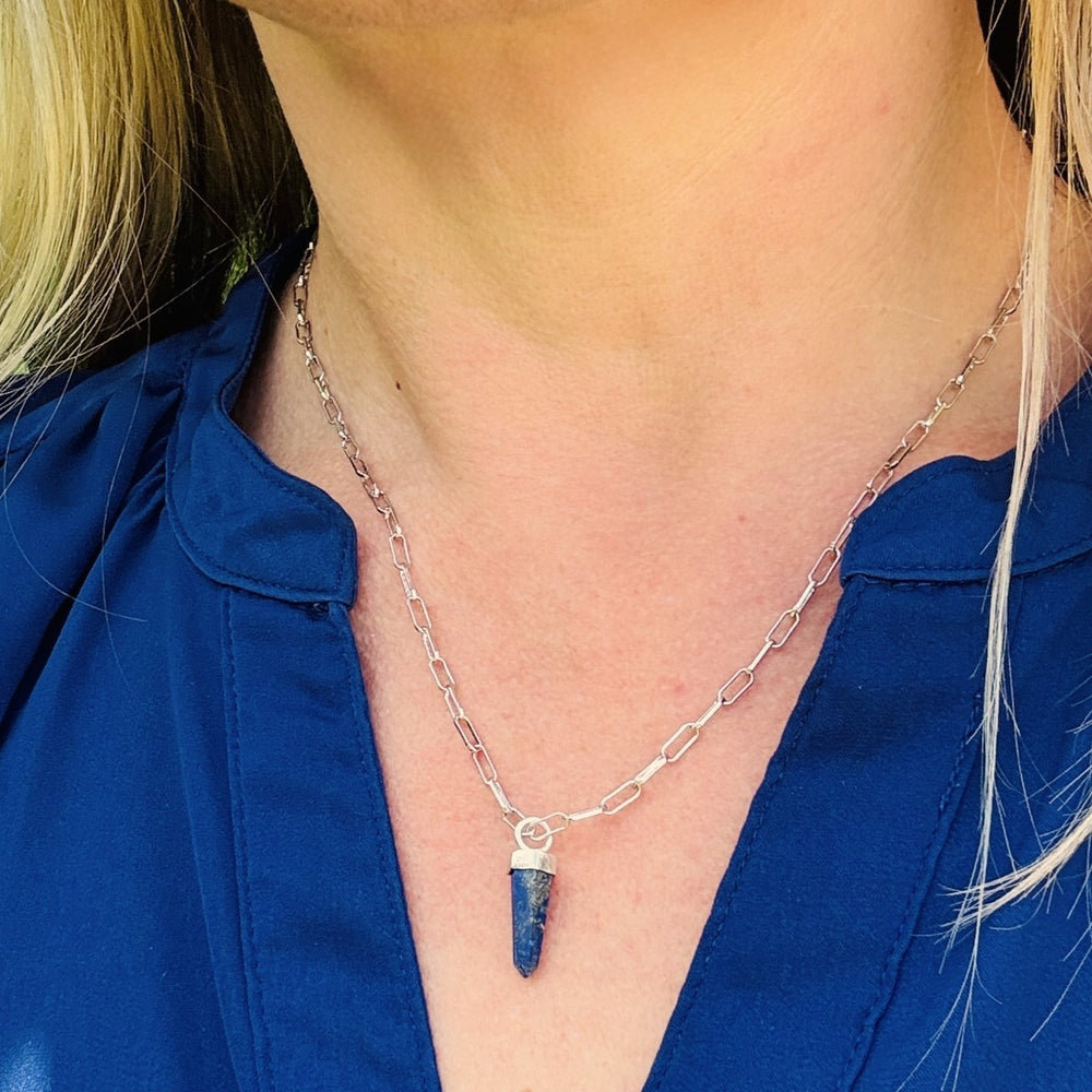 sterling silver and lapis lazuli spike pendant gemstone necklace on a paperclip chain