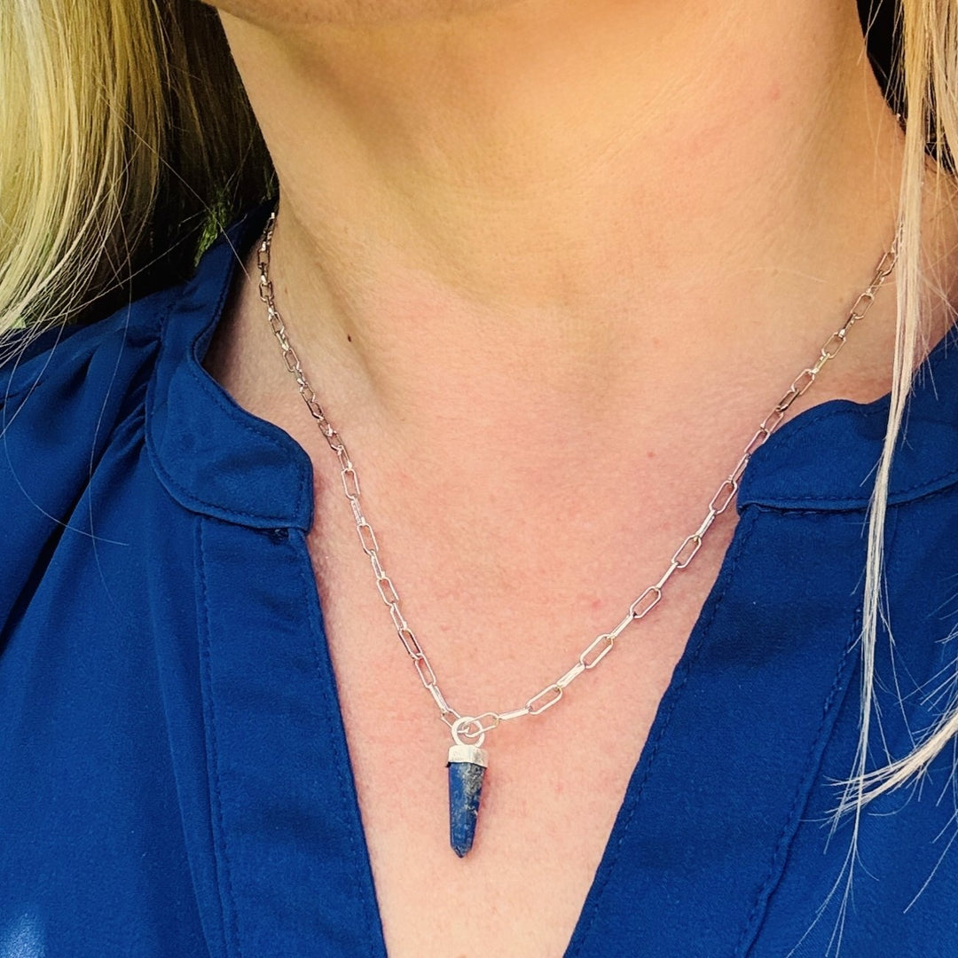 sterling silver and lapis lazuli spike pendant gemstone necklace on a paperclip chain