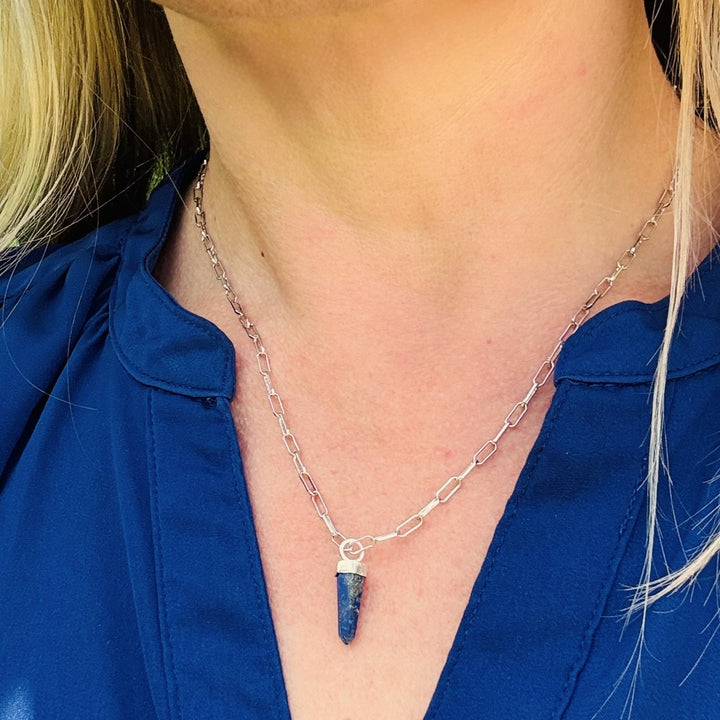 sterling silver and lapis lazuli spike pendant gemstone necklace on a paperclip chain