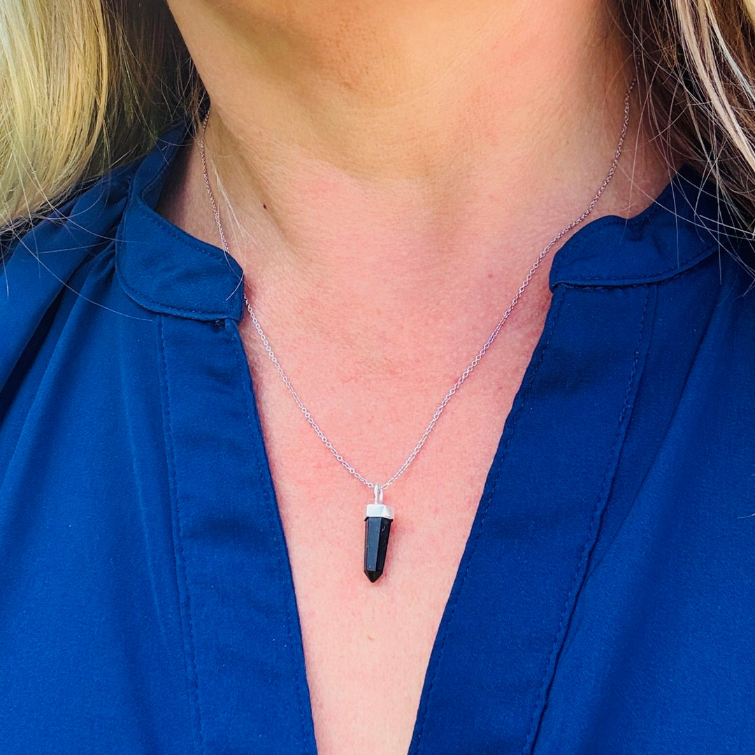sterling silver black tourmaline spike gemstone necklace 