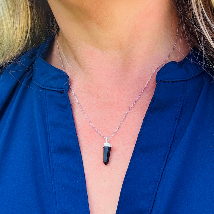 sterling silver black tourmaline spike gemstone necklace 