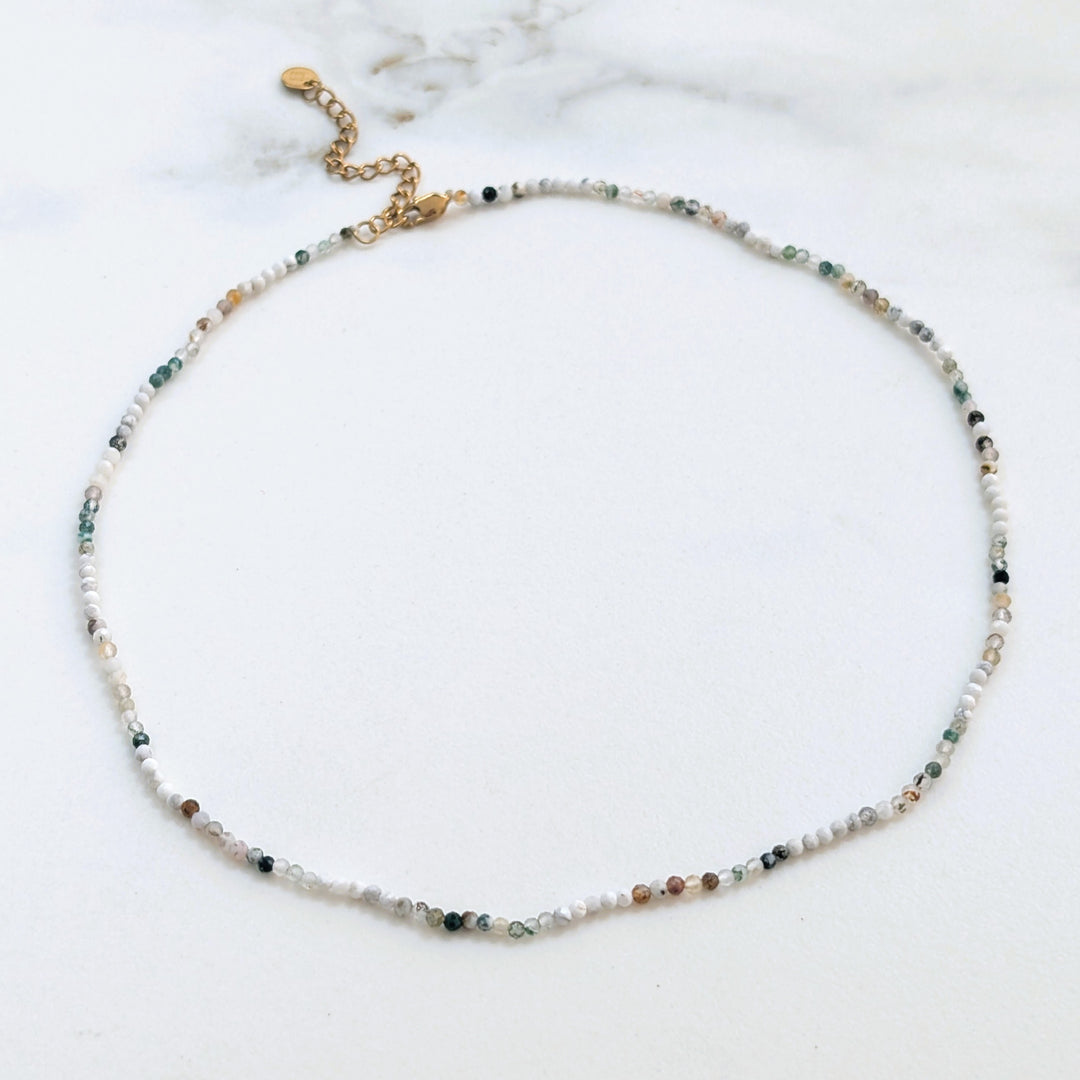 white howlite, tree agate and moss agate 2mm faceted bead gemstone bracelet 