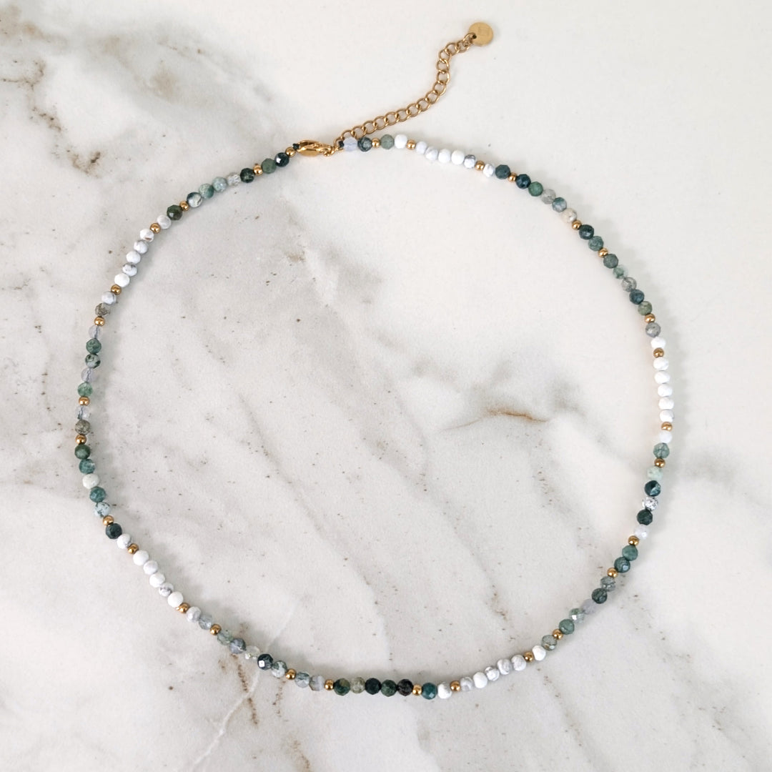 Inner Peace, Balance, Grounding and Abundance Gold Bead Necklace, comprising white howlite, moss agate and tree agate gemstone beads.