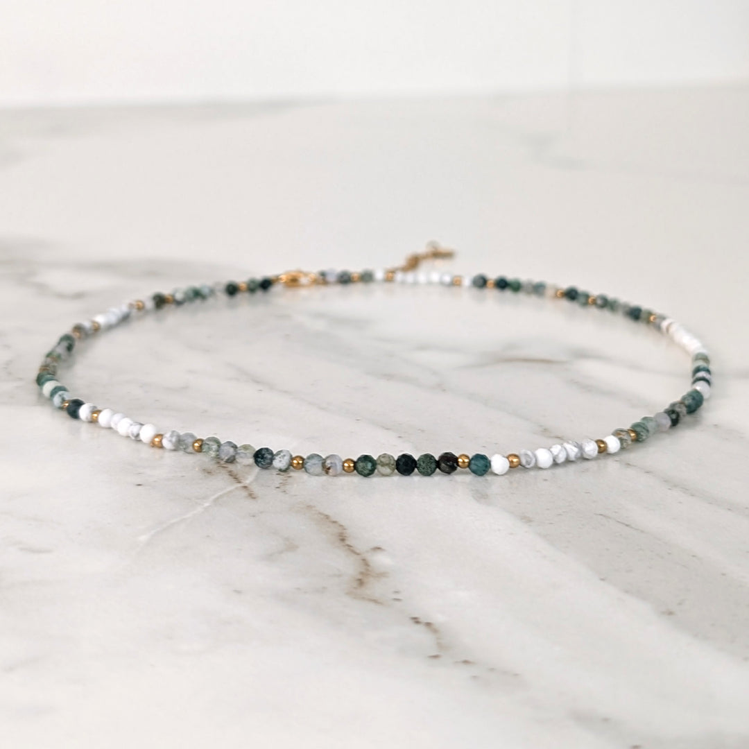 Inner Peace, Balance, Grounding and Abundance Gold Bead Necklace, comprising white howlite, moss agate and tree agate gemstone beads.