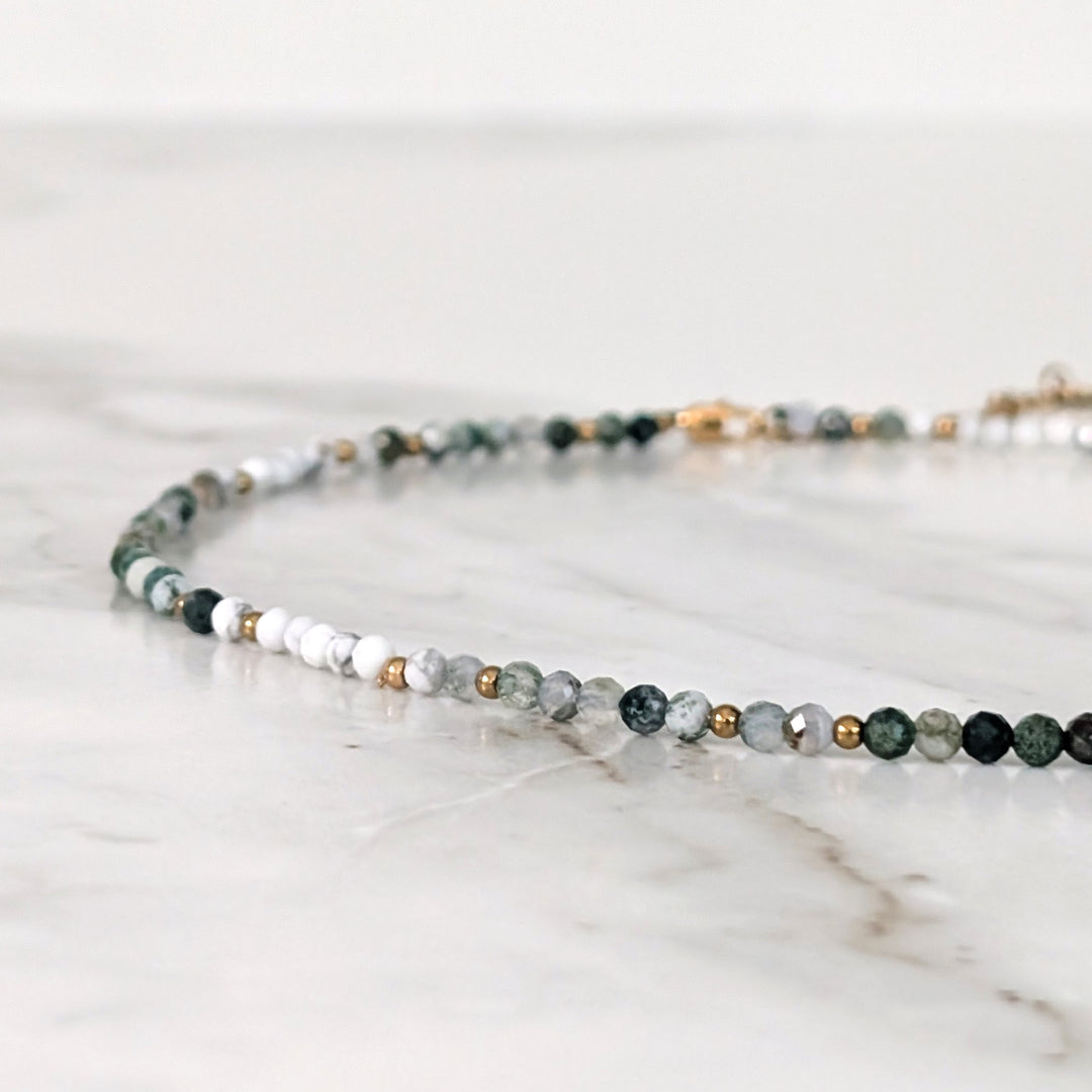 Inner Peace, Balance, Grounding and Abundance Gold Bead Necklace, comprising white howlite, moss agate and tree agate gemstone beads.