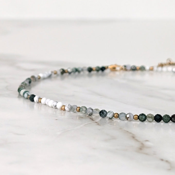 Inner Peace, Balance, Grounding and Abundance Gold Bead Necklace, comprising white howlite, moss agate and tree agate gemstone beads.