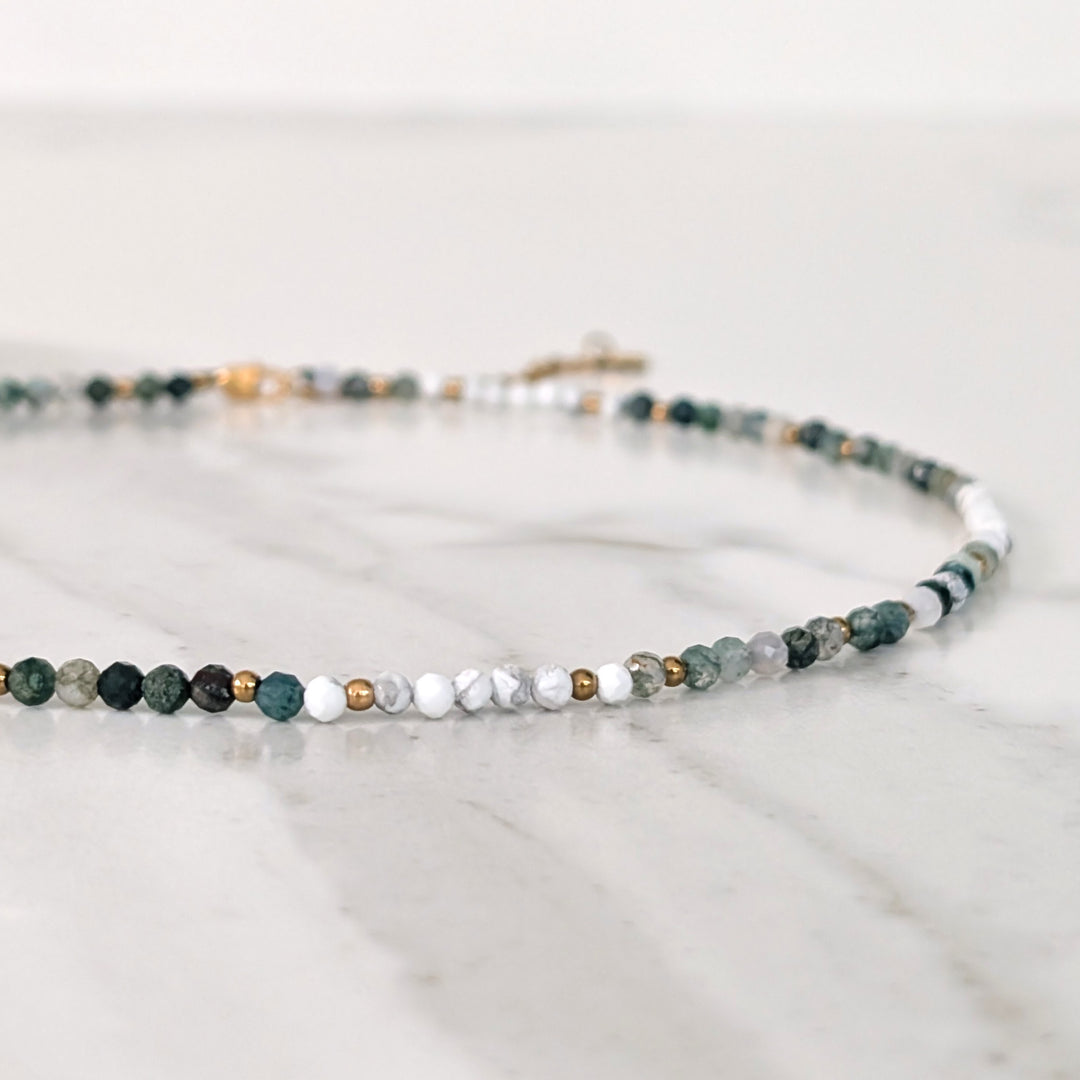 Inner Peace, Balance, Grounding and Abundance Gold Bead Necklace, comprising white howlite, moss agate and tree agate gemstone beads.