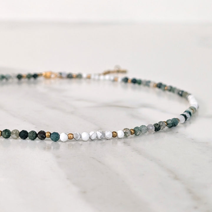 Inner Peace, Balance, Grounding and Abundance Gold Bead Necklace, comprising white howlite, moss agate and tree agate gemstone beads.