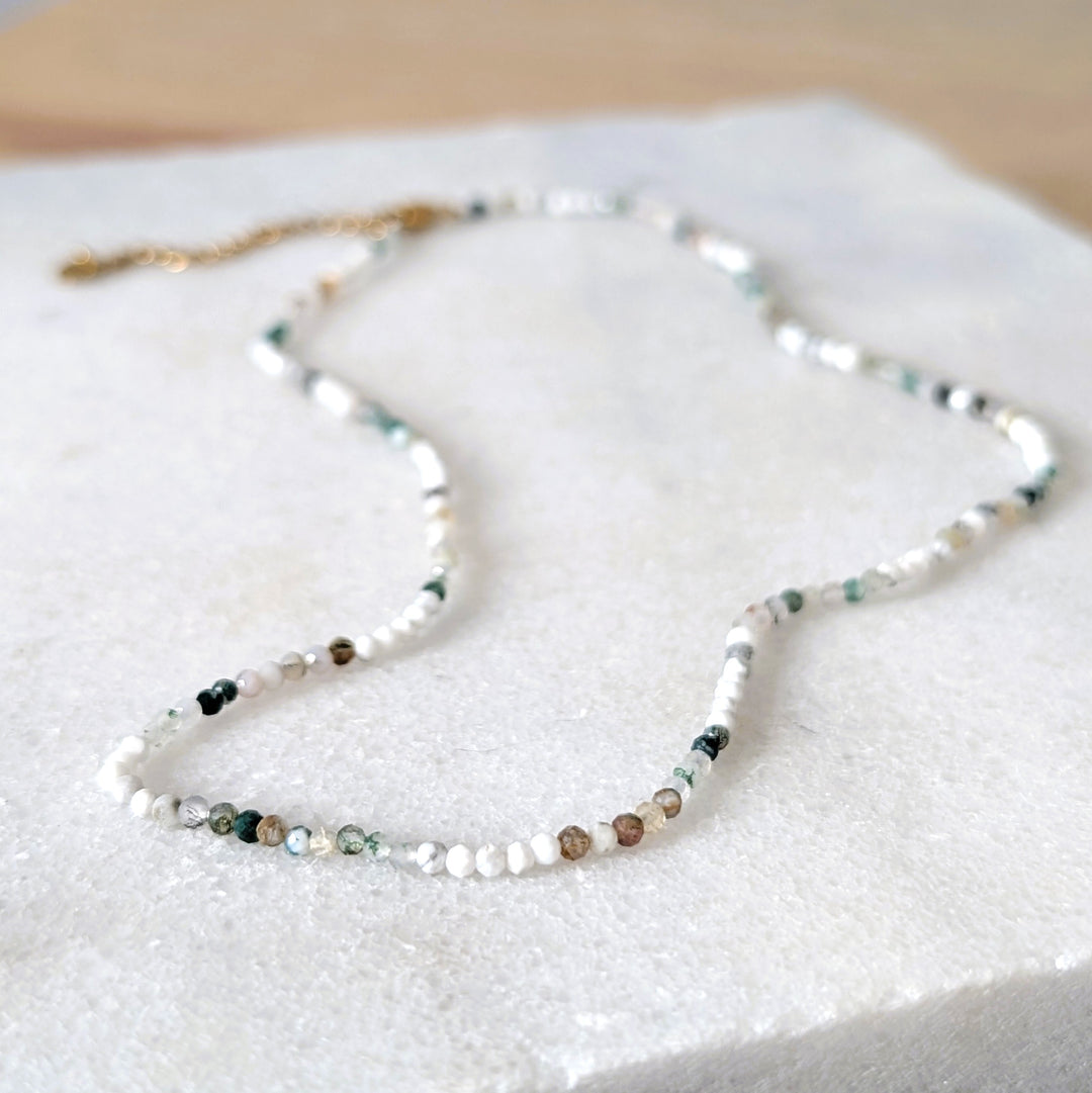 white howlite, tree agate and moss agate 2mm faceted bead gemstone bracelet 