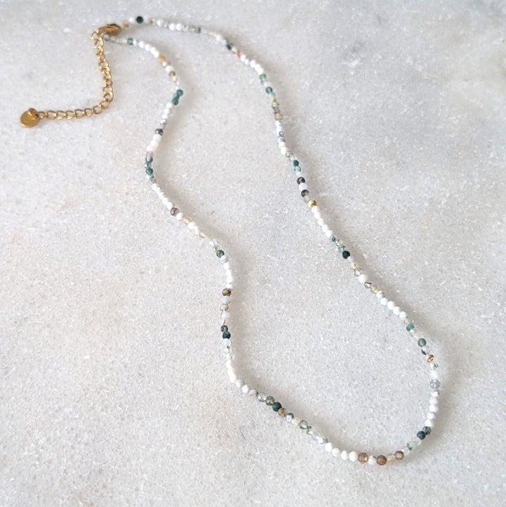 white howlite, tree agate and moss agate 2mm faceted bead gemstone bracelet 