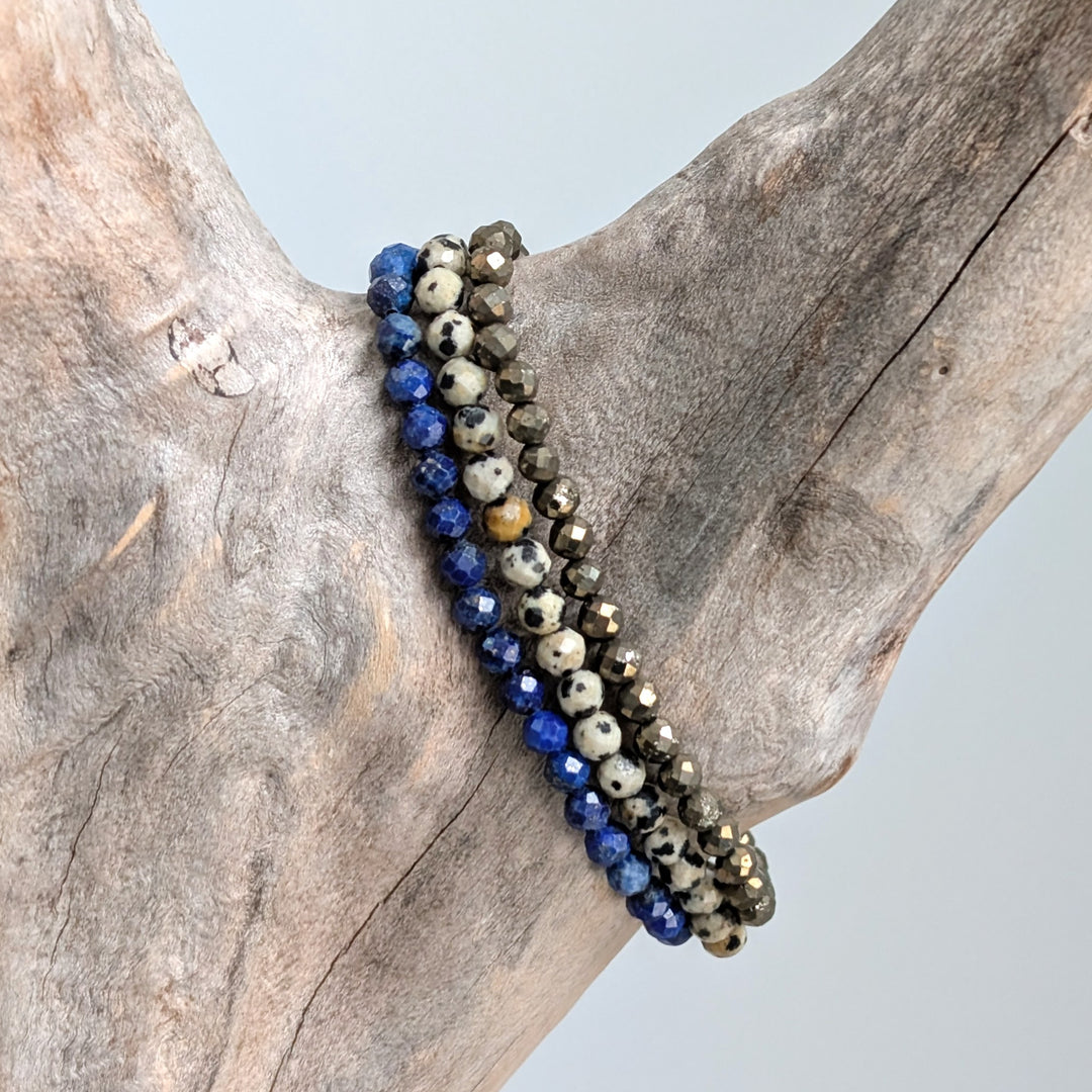 Inspire Results Gemstone Bracelet Set - Lapis Lazuli, Dalmatian Jasper and Pyrite 4mm faceted bead gemstone bracelets.