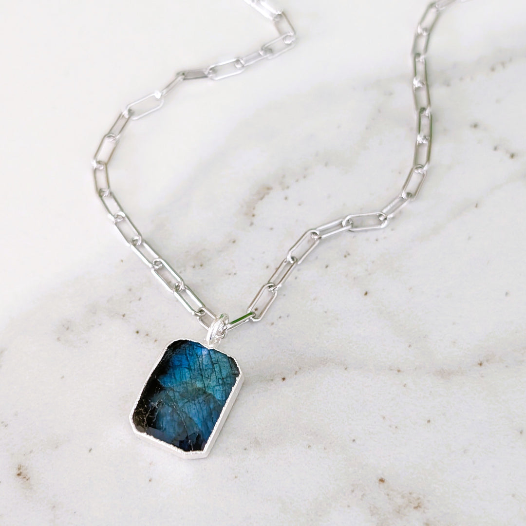 sterling silver labradorite rectangular pendant necklace 