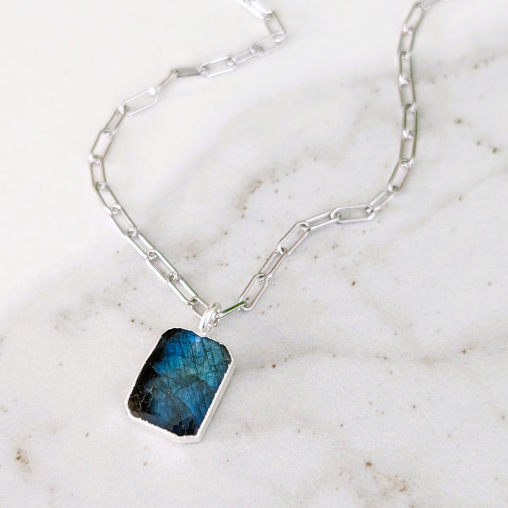 sterling silver labradorite rectangular pendant necklace 
