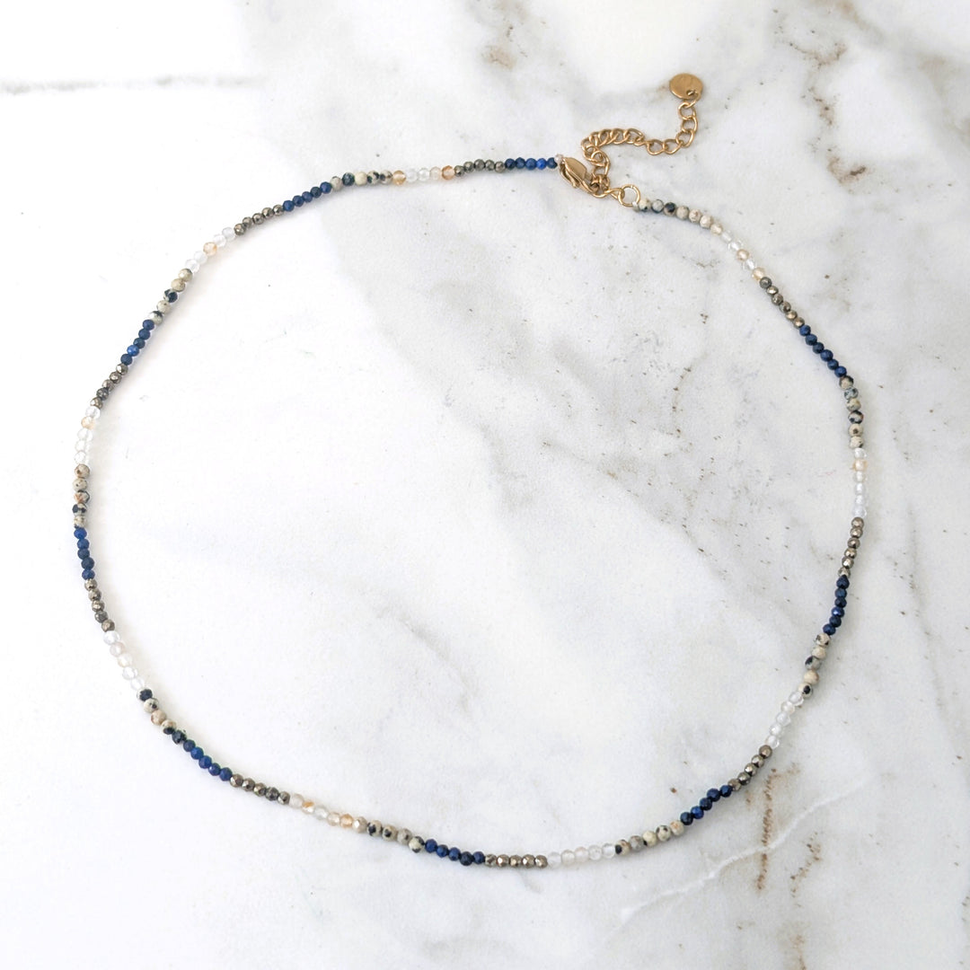 lapis lazuli, pyrite, citrine and dalmatian jasper 2mm faceted bead gemstone neclace 