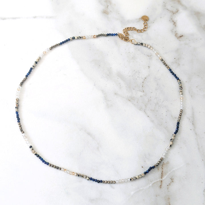 lapis lazuli, pyrite, citrine and dalmatian jasper 2mm faceted bead gemstone neclace 