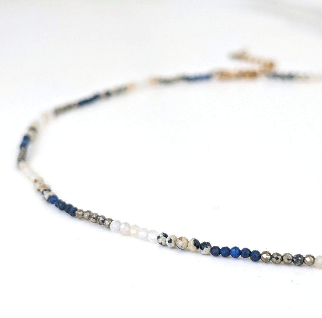 lapis lazuli, pyrite, citrine and dalmatian jasper 2mm faceted bead gemstone neclace 