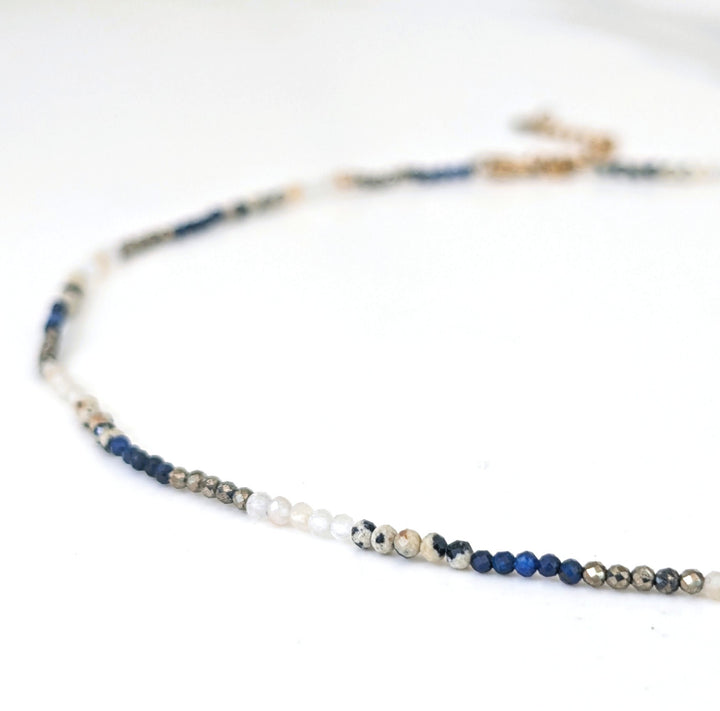 lapis lazuli, pyrite, citrine and dalmatian jasper 2mm faceted bead gemstone neclace 