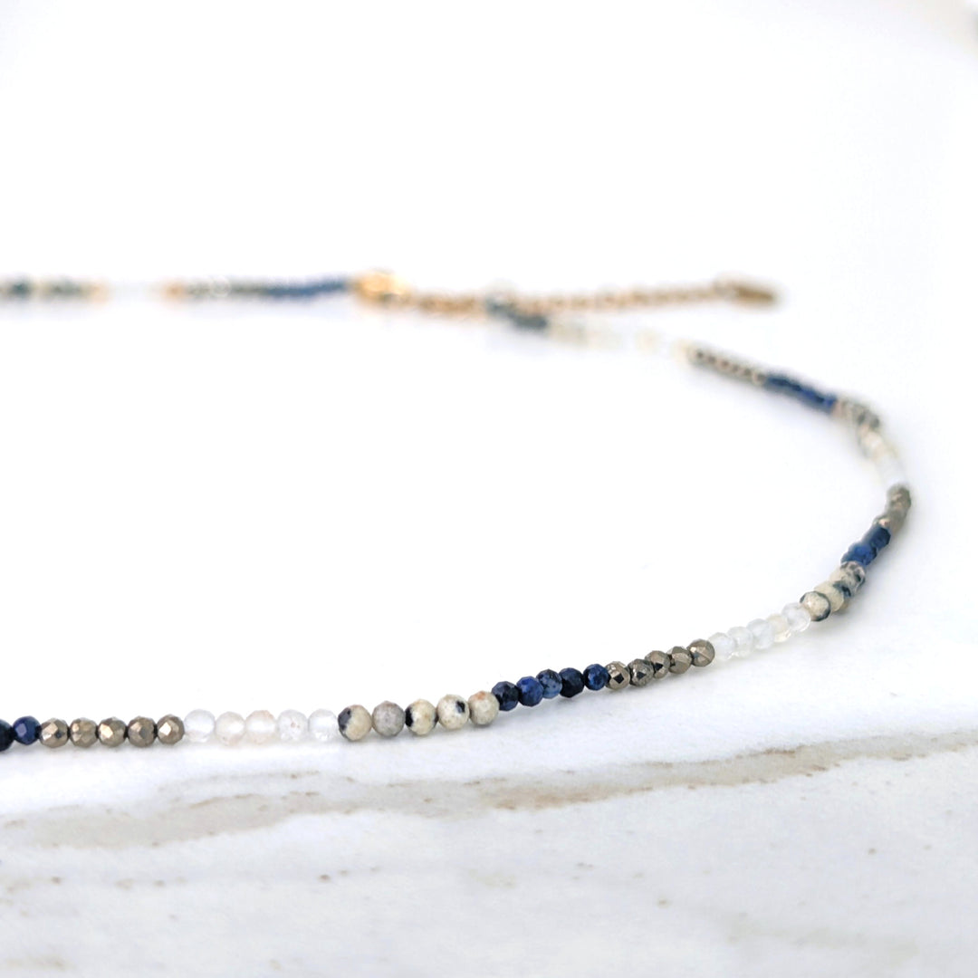 lapis lazuli, pyrite, citrine and dalmatian jasper 2mm faceted bead gemstone neclace 