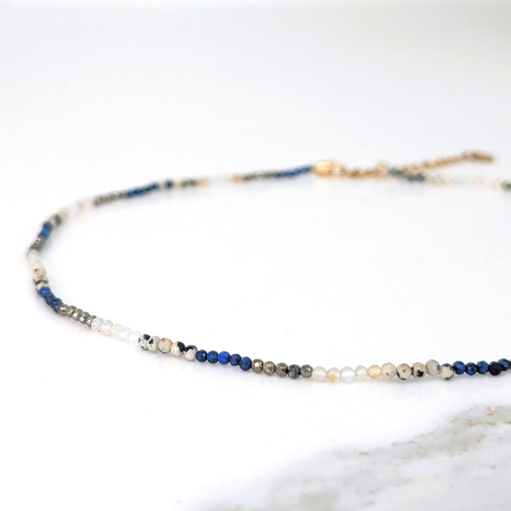 lapis lazuli, pyrite, citrine and dalmatian jasper 2mm faceted bead gemstone neclace 