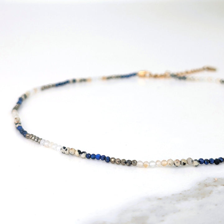 lapis lazuli, pyrite, citrine and dalmatian jasper 2mm faceted bead gemstone neclace 