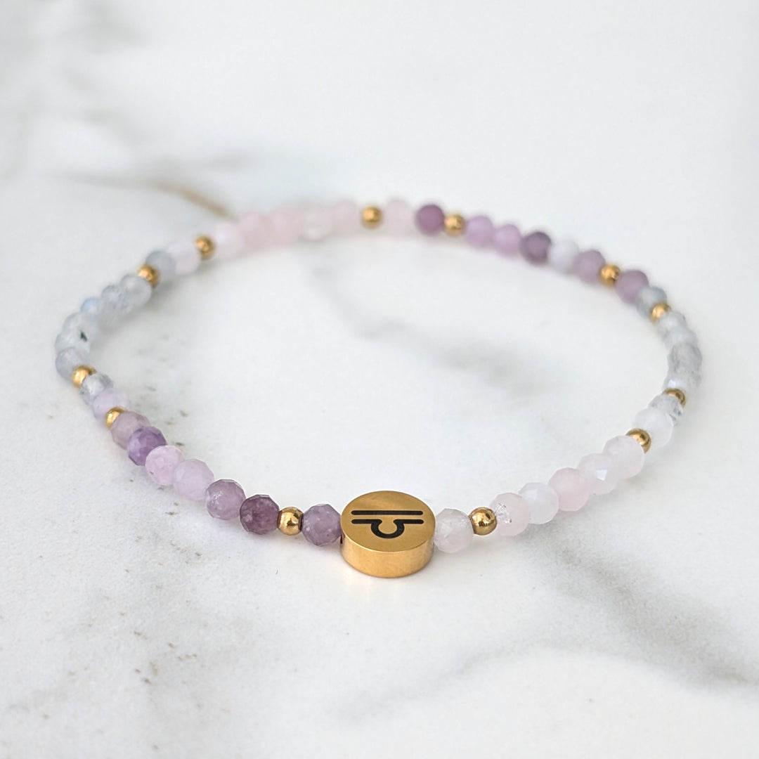 Rose Quartz, Labradorite and Lepidolite Libra zodiac gemstone bracelet 