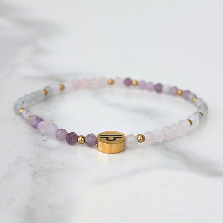 Rose Quartz, Labradorite and Lepidolite Libra zodiac gemstone bracelet 