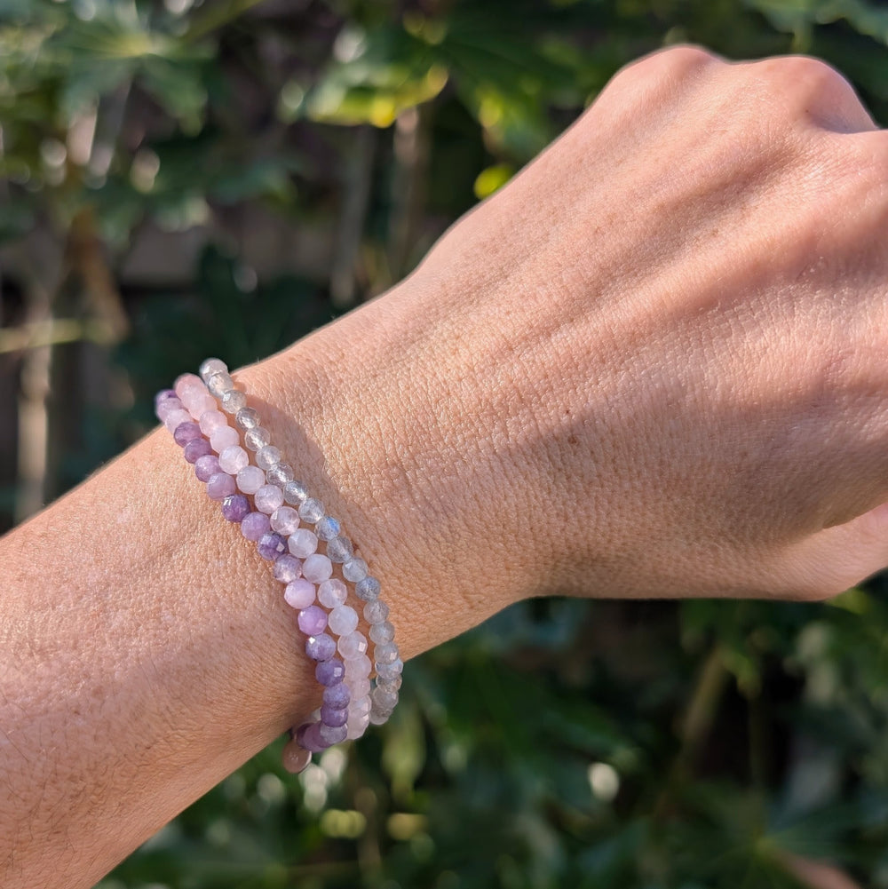 Libra gemstone bracelet set comprising amethyst, labradorite and rose quartz gemstone bracelets. 