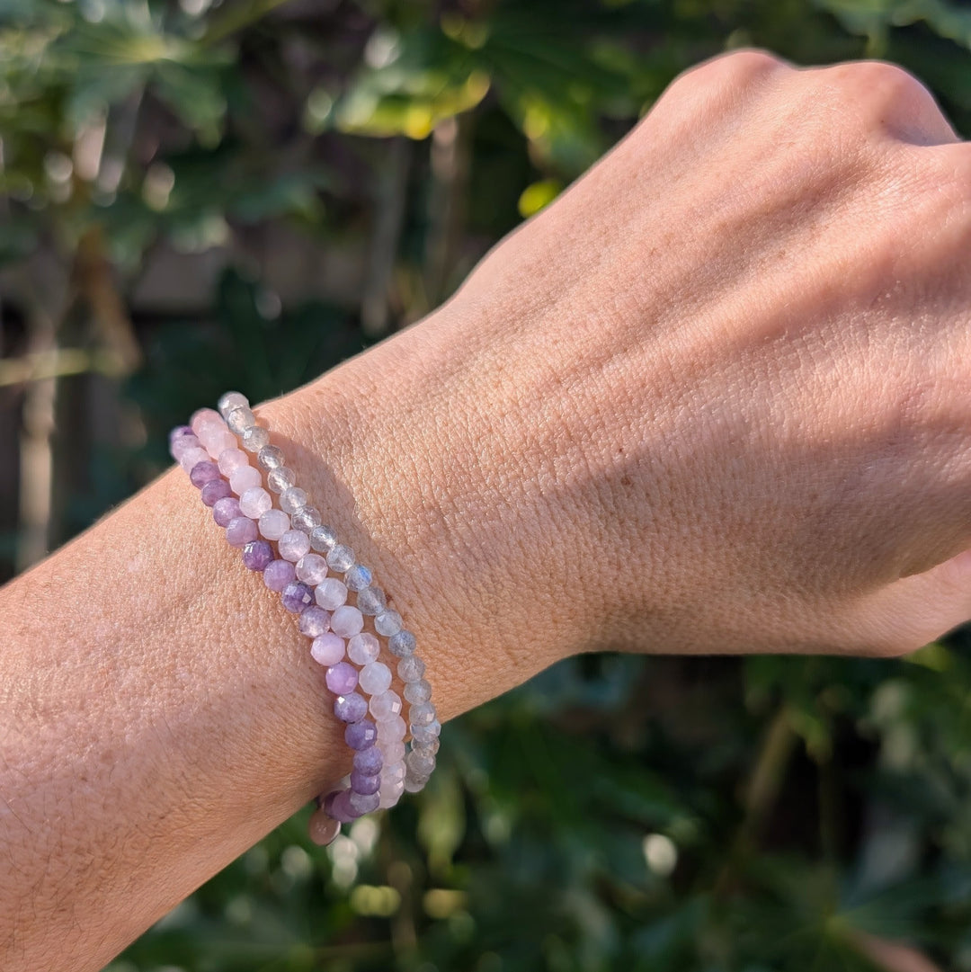 Libra gemstone bracelet set comprising amethyst, labradorite and rose quartz gemstone bracelets. 