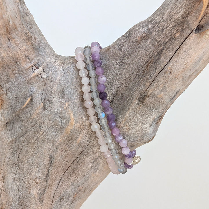 Libra gemstone bracelet set comprising amethyst, labradorite and rose quartz gemstone bracelets. 