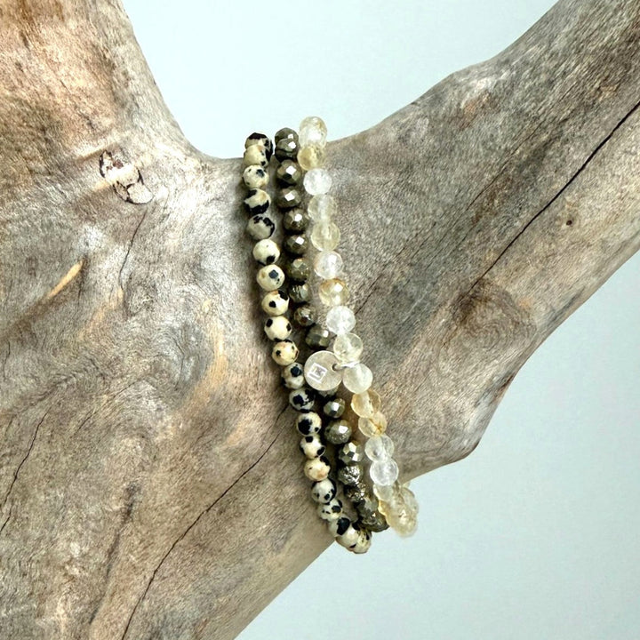Live your best life gemstone intention bracelet set.  Dalmatian jasper, citrine and pyrite gemstone bracelets. 