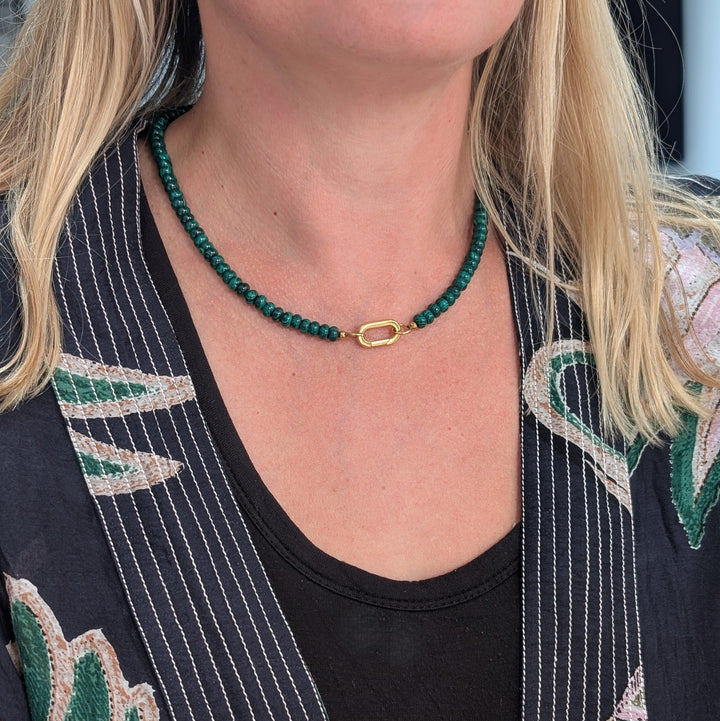 malachite gemstone necklace with gold oval clasp