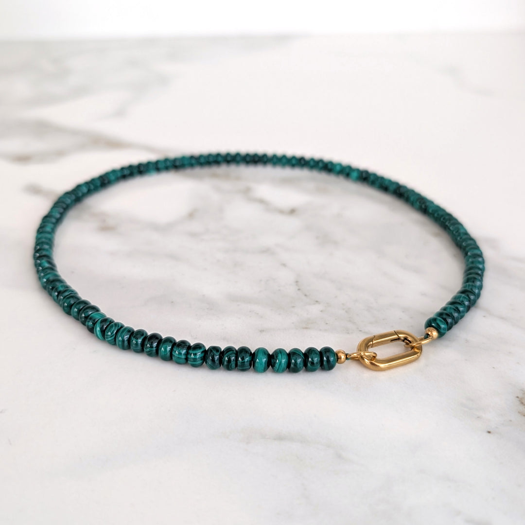 malachite gemstone necklace with gold oval clasp