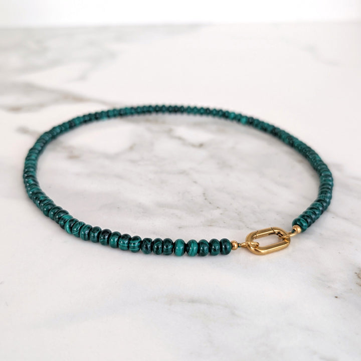 malachite gemstone necklace with gold oval clasp