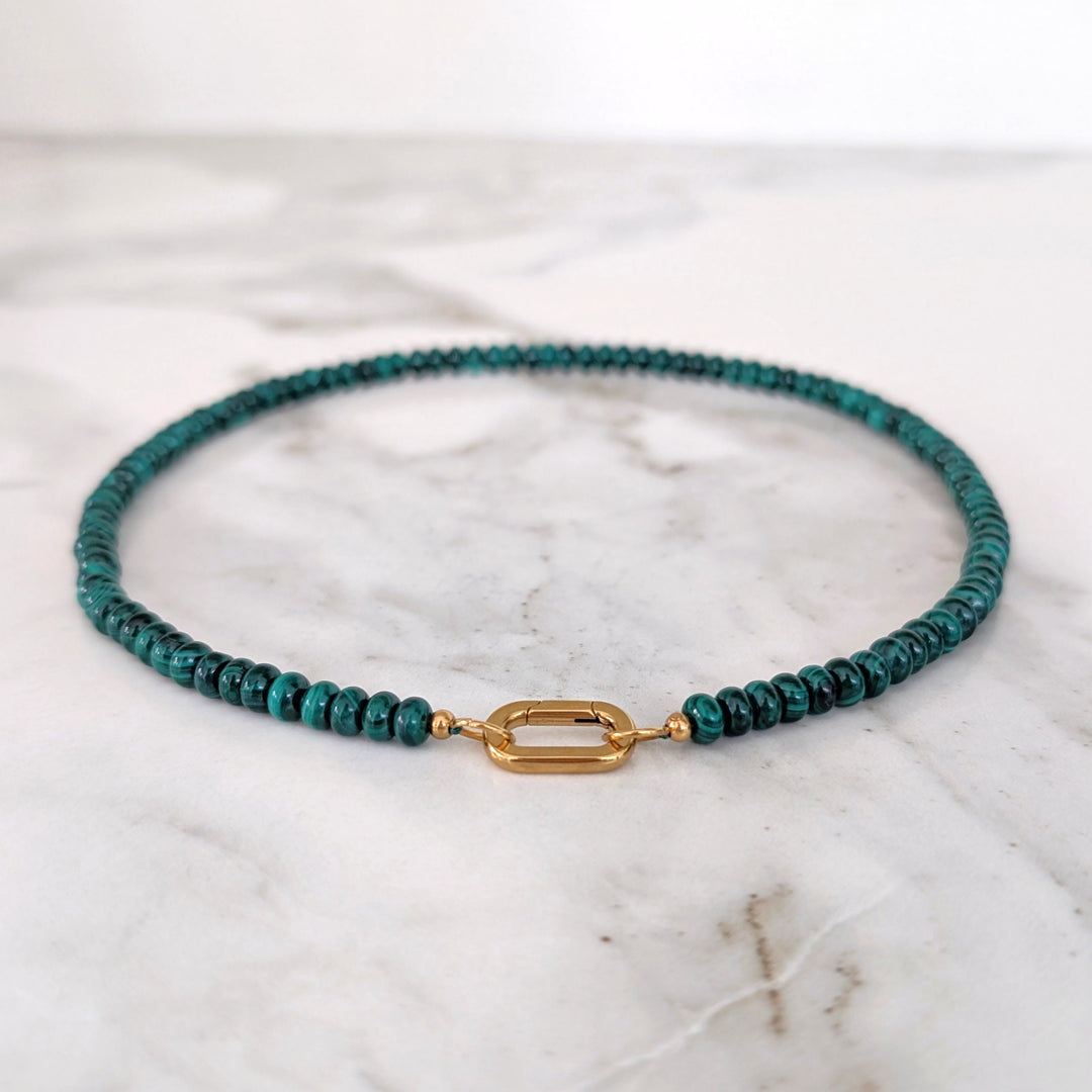 malachite gemstone necklace with gold oval clasp