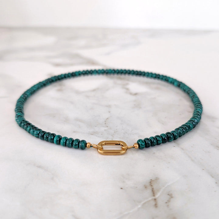 malachite gemstone necklace with gold oval clasp