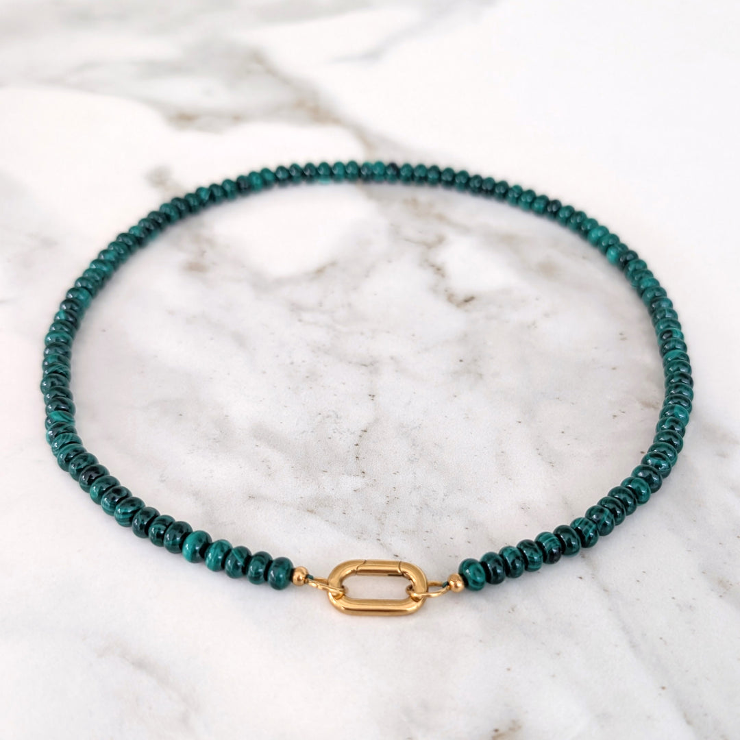 malachite gemstone necklace with gold oval clasp