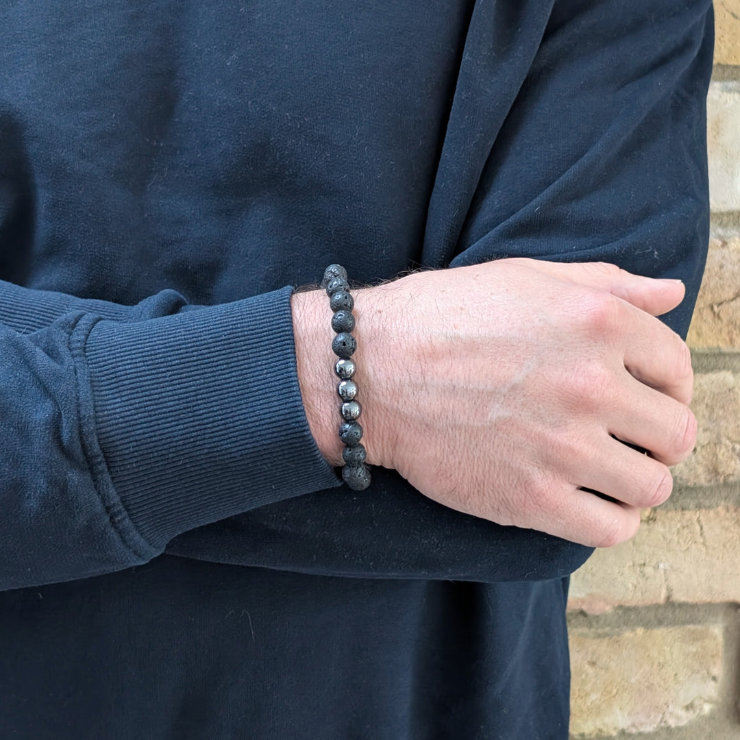 Men's Hematite & Lava Bead Bracelet  - 8mm Smooth