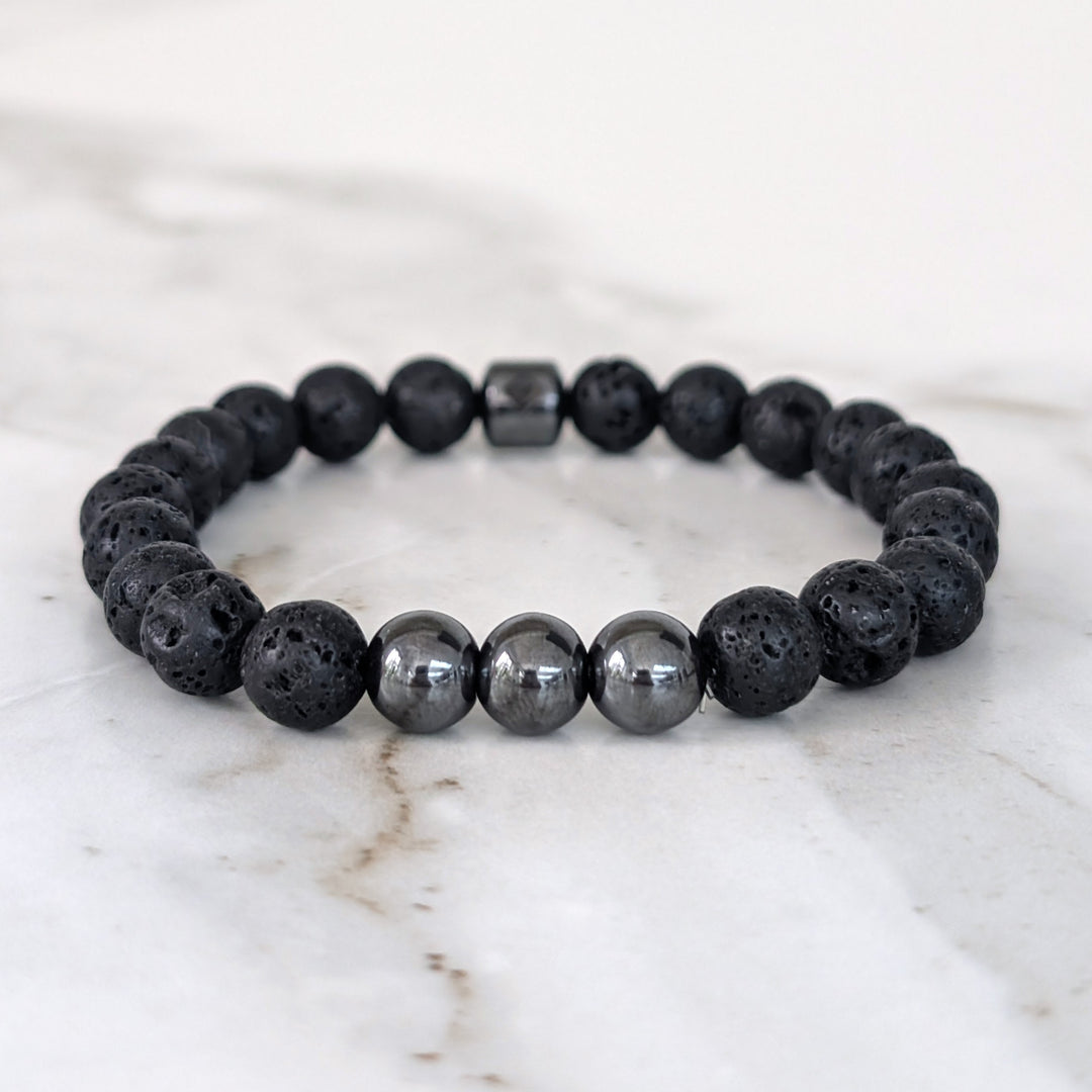 Men's Hematite & Lava Bead Bracelet  - 8mm Smooth