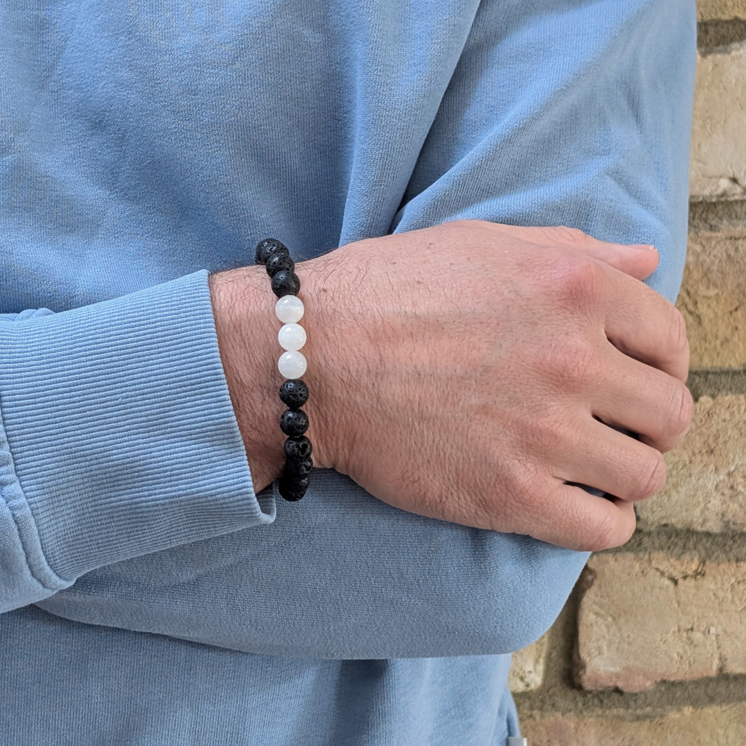 black and white moonstone and lava bead June birthstone men's gemstone bracelet