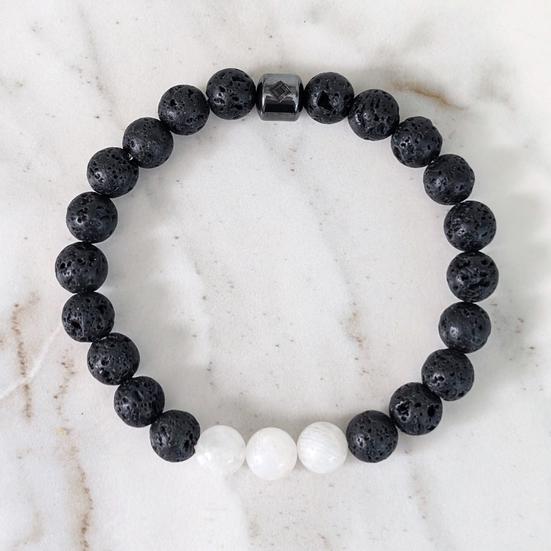 black and white moonstone and lava bead June birthstone men's gemstone bracelet