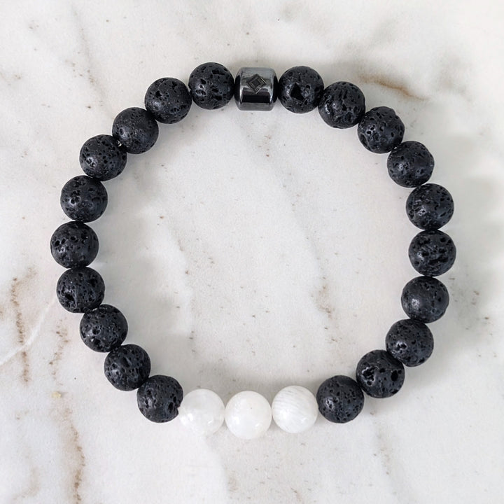 black and white moonstone and lava bead June birthstone men's gemstone bracelet