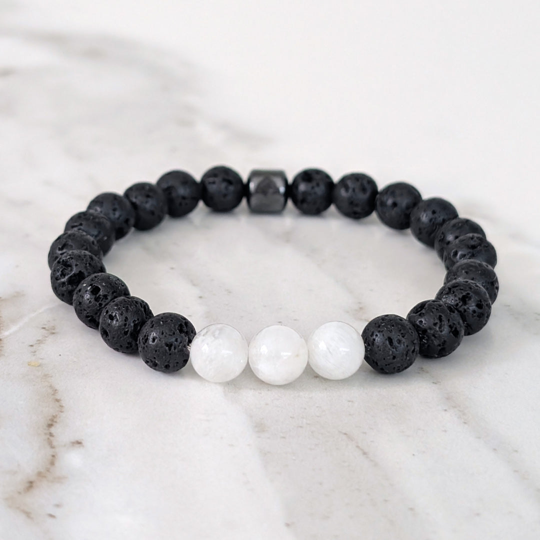 black and white moonstone and lava bead June birthstone men's gemstone bracelet