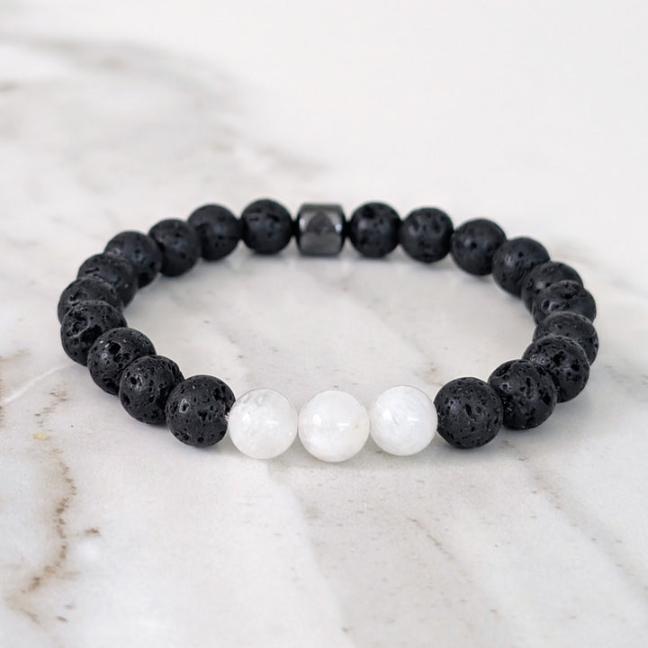 black and white moonstone and lava bead June birthstone men's gemstone bracelet