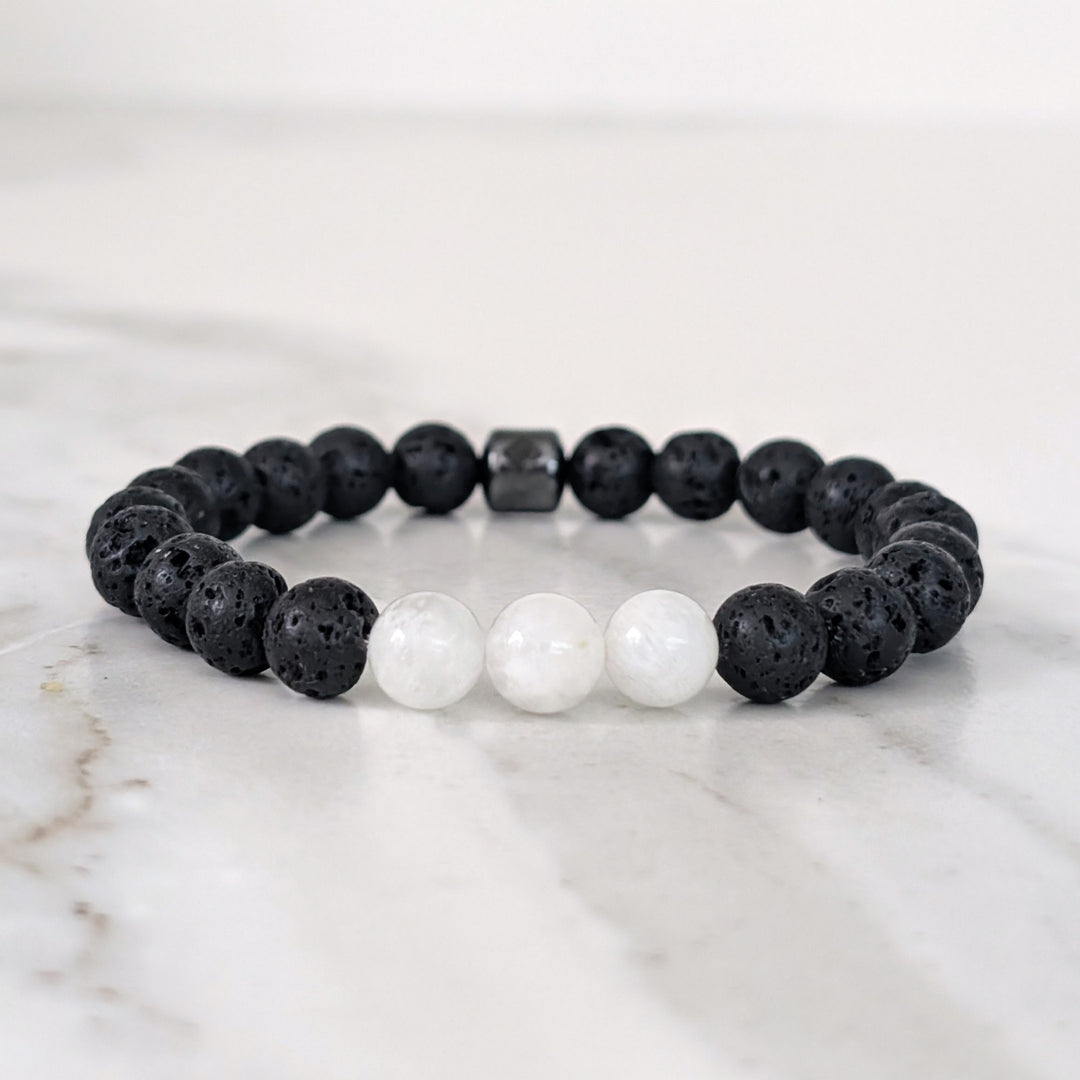 black and white moonstone and lava bead June birthstone men's gemstone bracelet