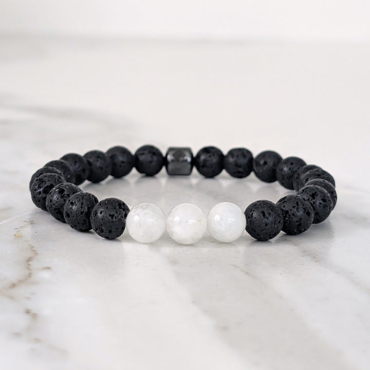 black and white moonstone and lava bead June birthstone men's gemstone bracelet