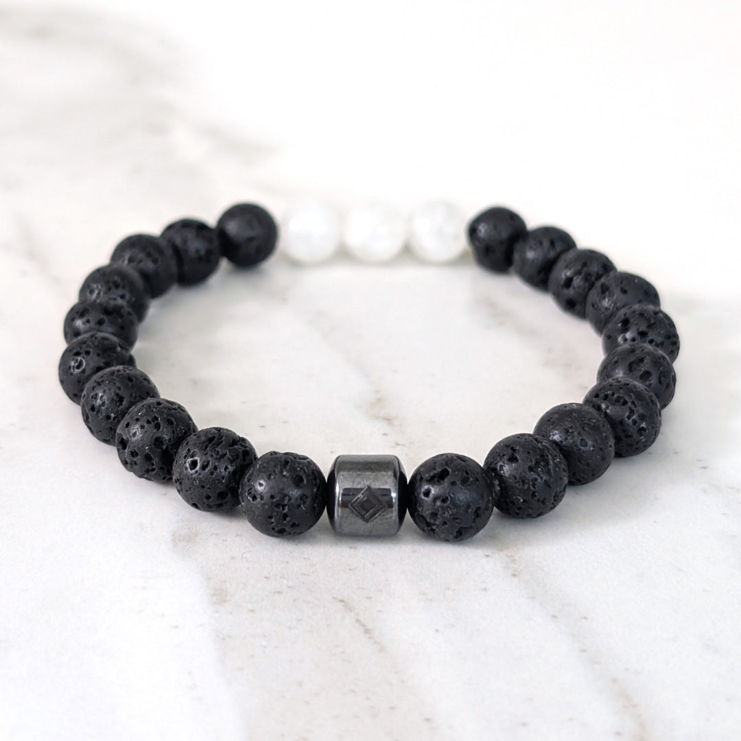 black and white moonstone and lava bead June birthstone men's gemstone bracelet
