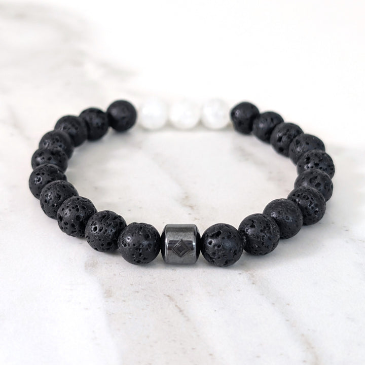 black and white moonstone and lava bead June birthstone men's gemstone bracelet