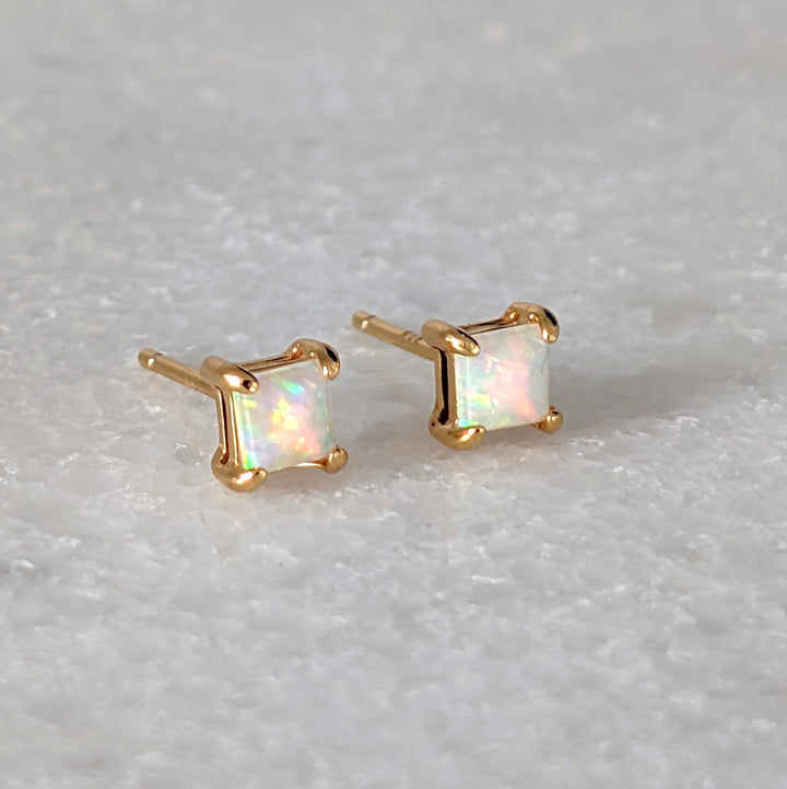 gold opal square stud earrings