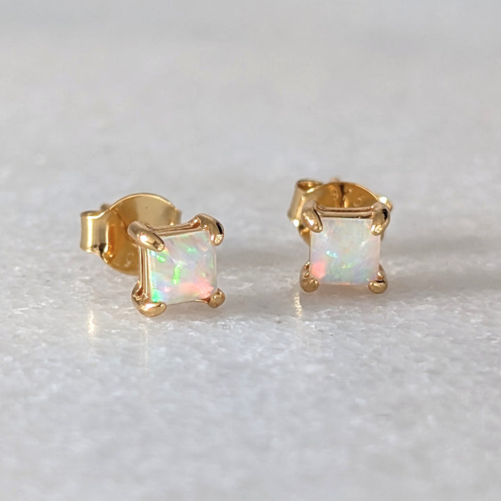 gold opal square stud earrings