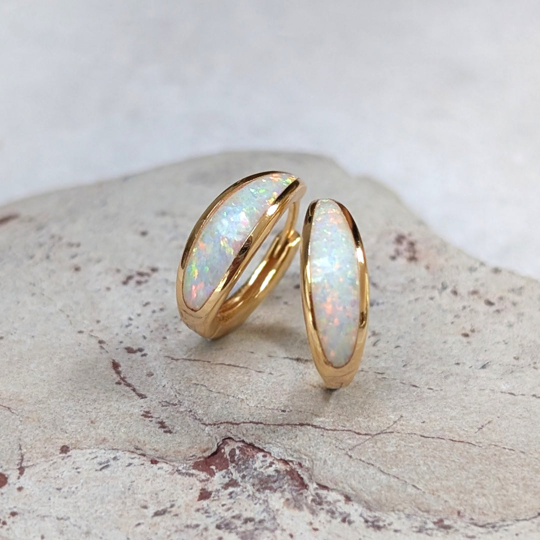 gold opal crescent hoop huggie earrings